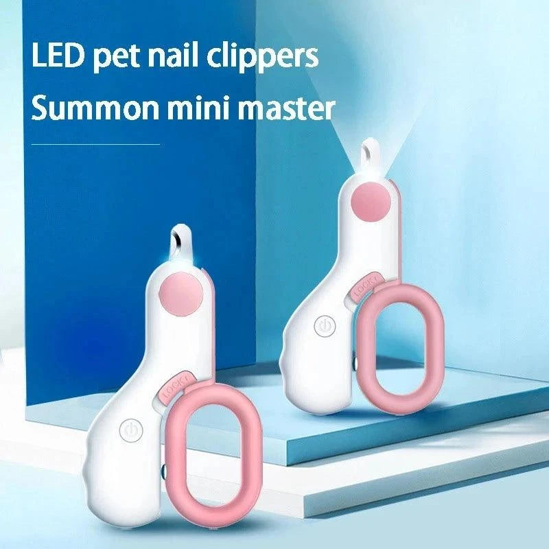 LED Light Pet Nail Clipper with safety lock and stainless steel design for dogs and cats.