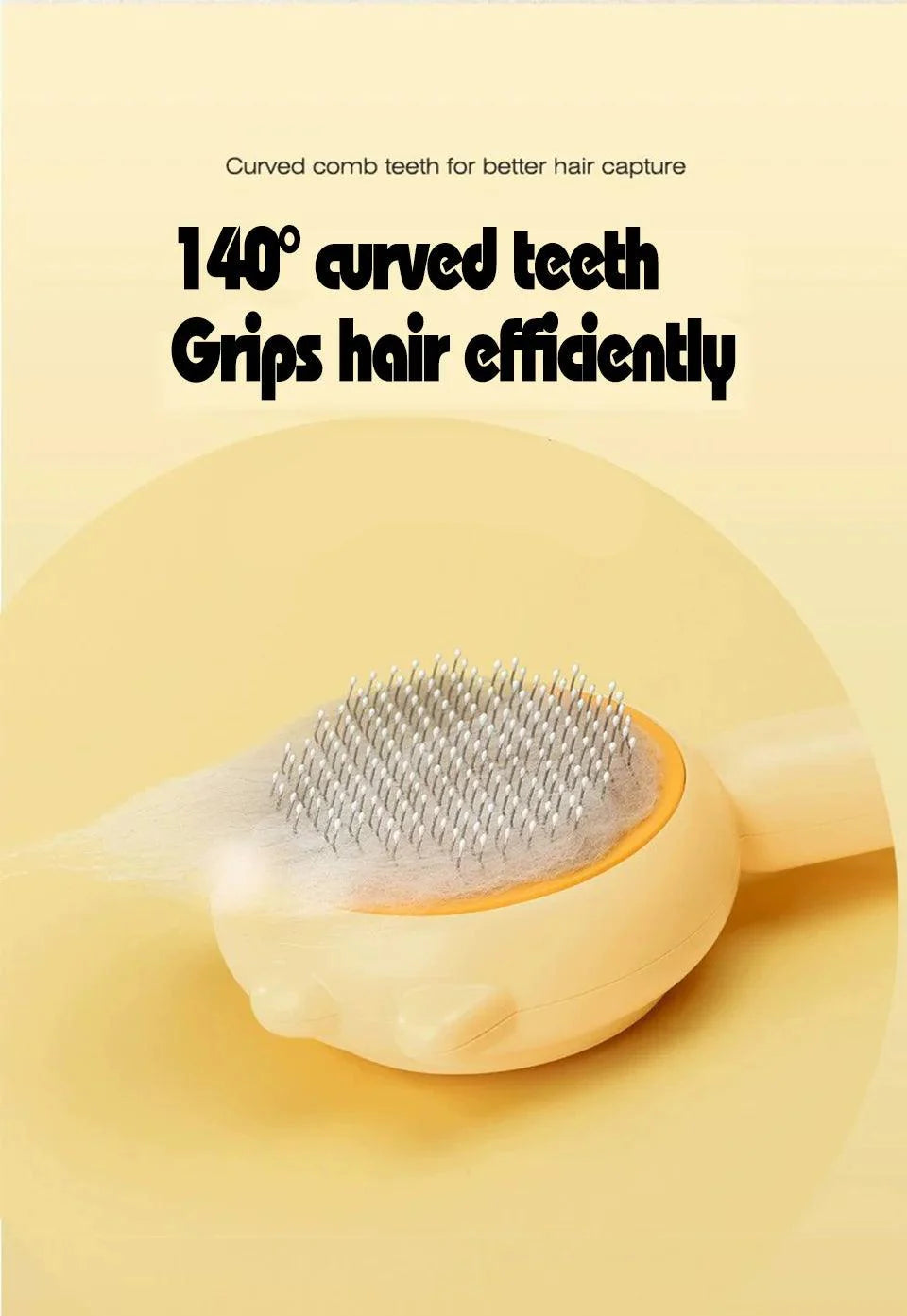 Pet Hair Removal Cleaning Brush with 140° curved teeth for efficient hair capture.