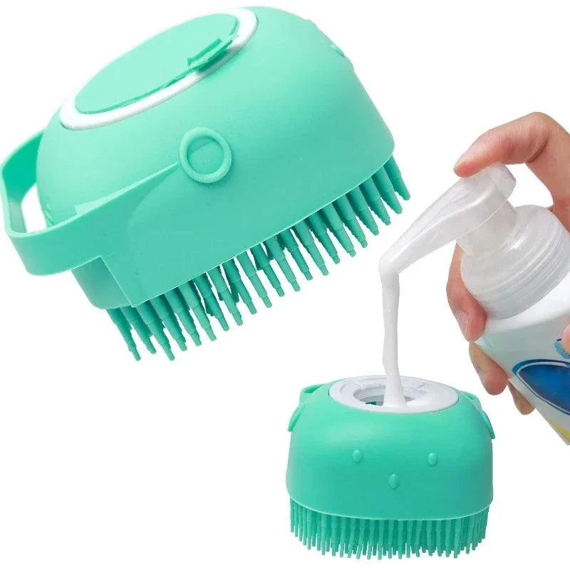 Dog Bath Brush with silicone bristles and built-in shampoo dispenser for grooming.