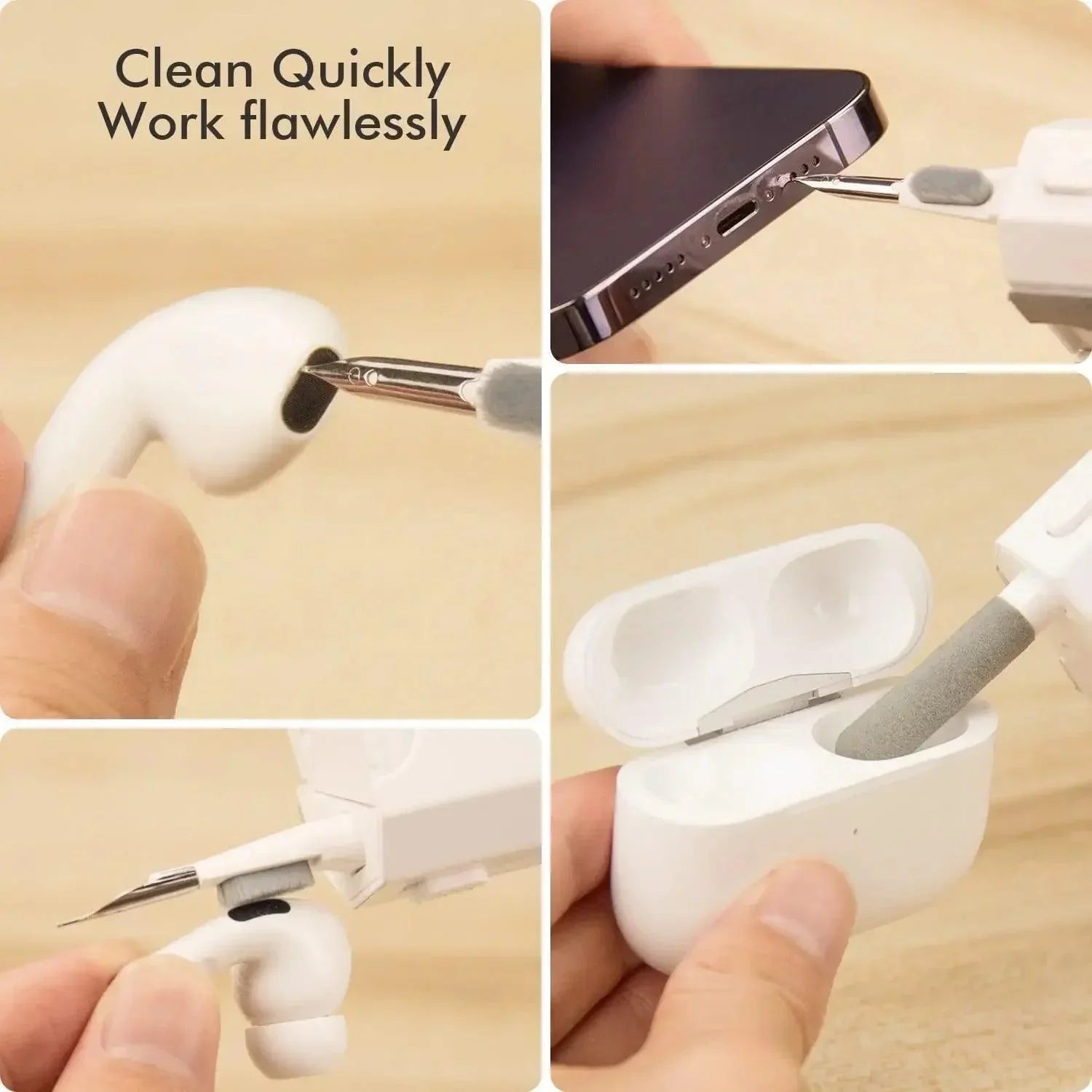 8 In1 Electronic Cleaner Kit cleaning phone port and earbuds efficiently.