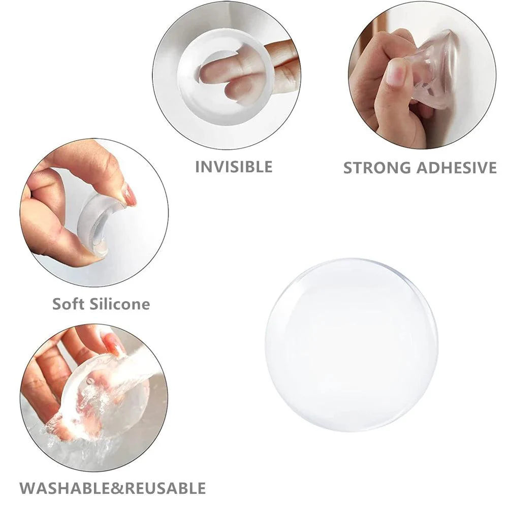 Round transparent soft silicone non-slip door stopper with strong adhesive, soft material, and discreet design, illustrating versatility and reusability.