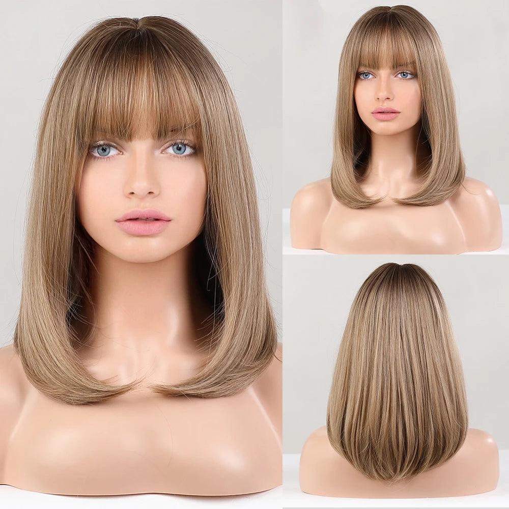 White Blonde Gray Synthetic Wigs with Bangs Short Straight Bob Hair Wig for Women Cosplay Daily Natural Hair Heat Resistant - Luminessbty