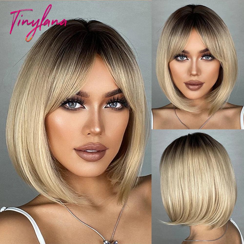 White Blonde Gray Synthetic Wigs with Bangs Short Straight Bob Hair Wig for Women Cosplay Daily Natural Hair Heat Resistant - Luminessbty