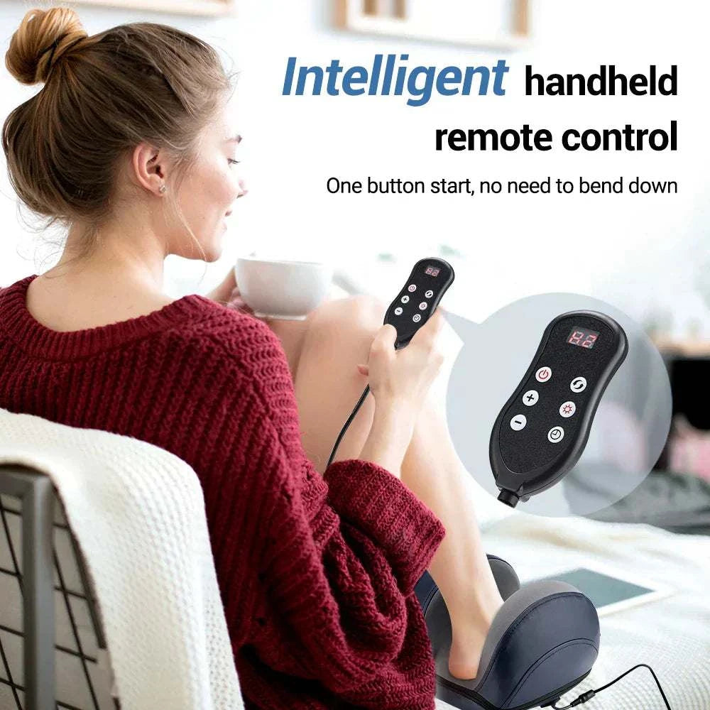 Woman using electric calf and foot massager with handheld remote control.