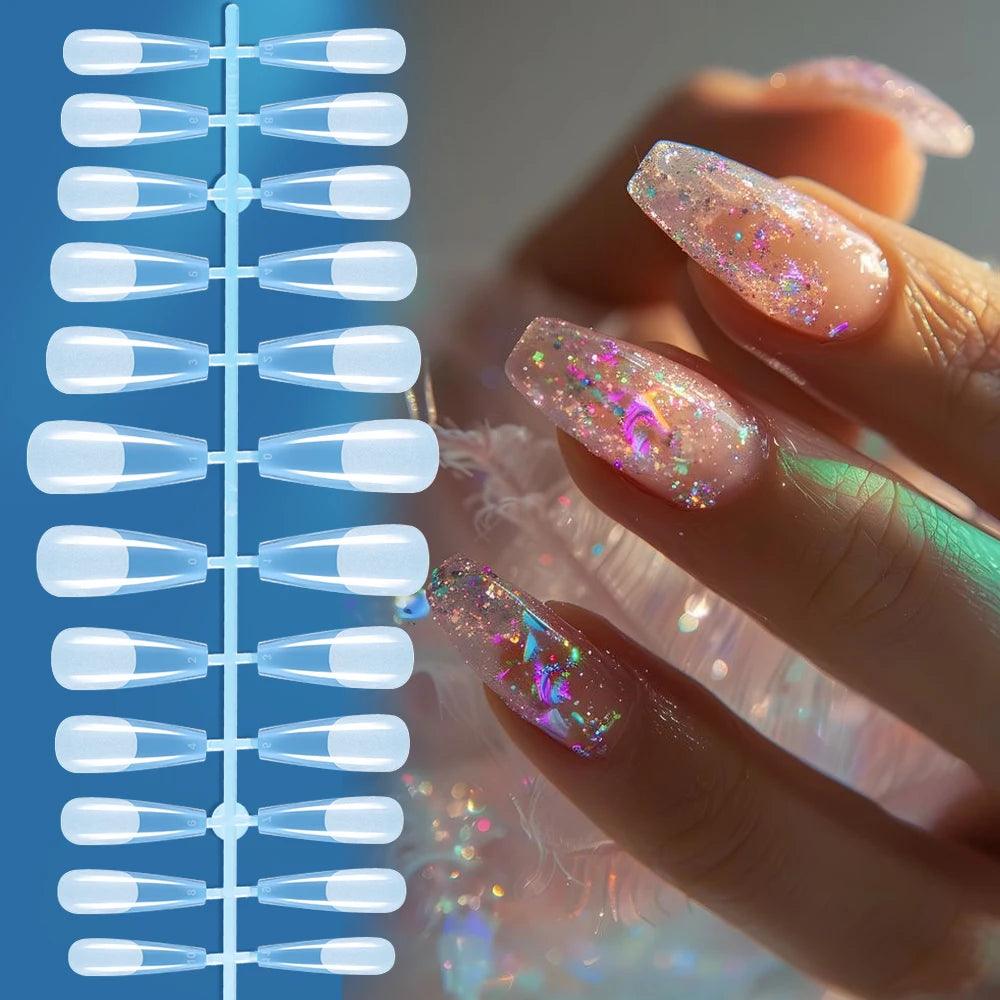 120pcs Clear Coffin Press-On Nails – Long Ballerina Style False Nail Tips with Case | Acrylic Full Cover Nail Set - Luminessbty