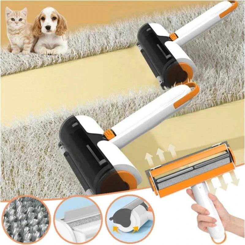 Pet Hair Remover Roller with self-cleaning base shown removing pet hair from a carpet, featuring close-up of polyester bristles and ergonomic handle.