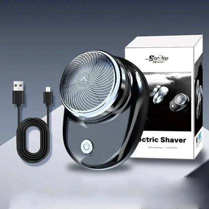 Mini Portable Electric Shaver with USB charging cable and packaging box.