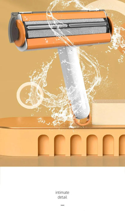 Pet Hair Remover Roller with self-cleaning base, orange handle, and water-resistant design.