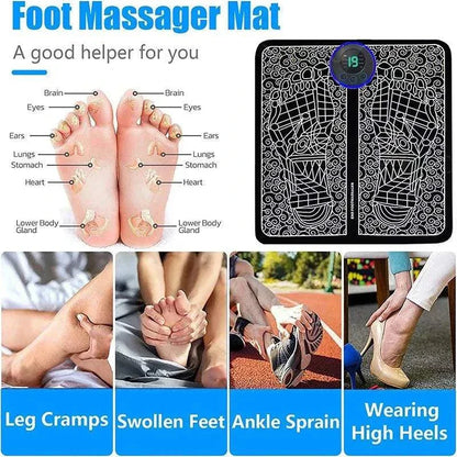 EMS Foot Massager Mat for relaxation and pain relief, features acupuncture points and multiple massage modes.