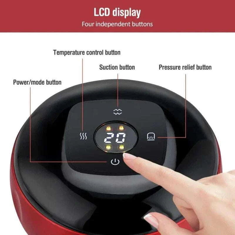 LCD display of Electric Vacuum Cupping Massage Device with four independent buttons for temperature control, suction, pressure relief, and power/mode.