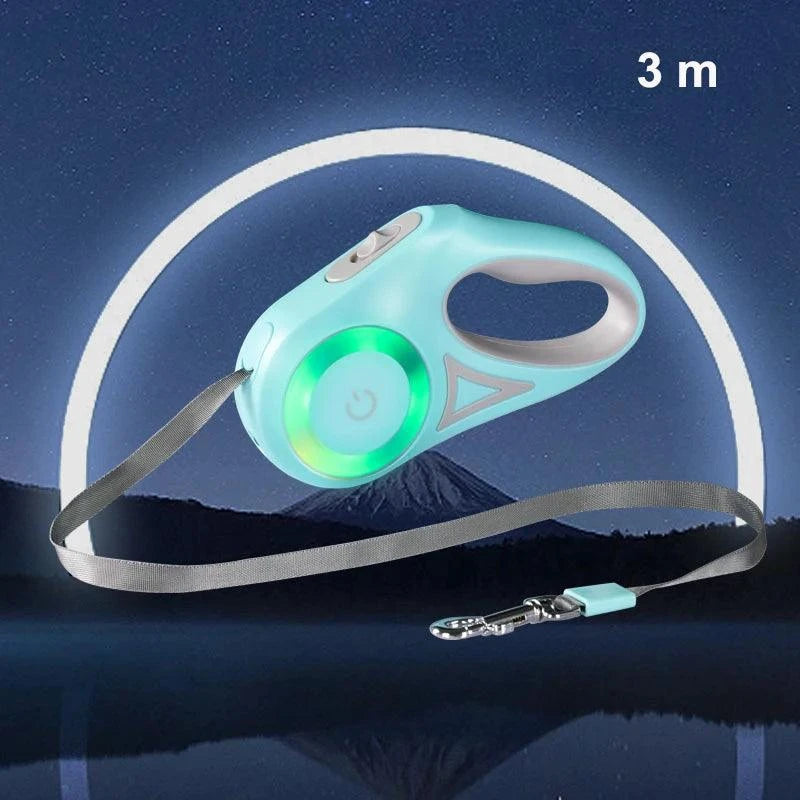 Automatic retractable dog leash with LED light, ergonomic handle, and 3-meter nylon tape against a night backdrop.