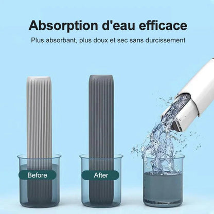 Self-squeezing floor washing mop demonstrating water absorption efficiency with before and after images.