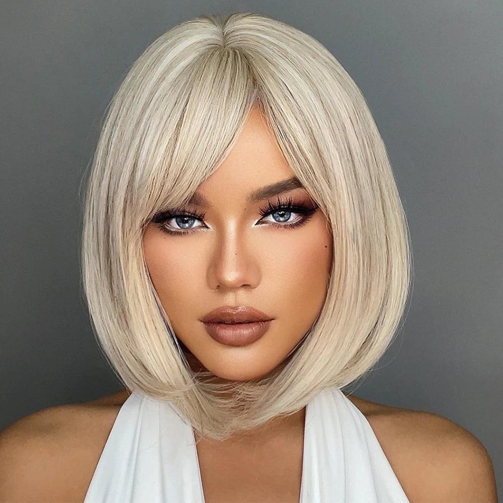 White Blonde Gray Synthetic Wigs with Bangs Short Straight Bob Hair Wig for Women Cosplay Daily Natural Hair Heat Resistant - Luminessbty