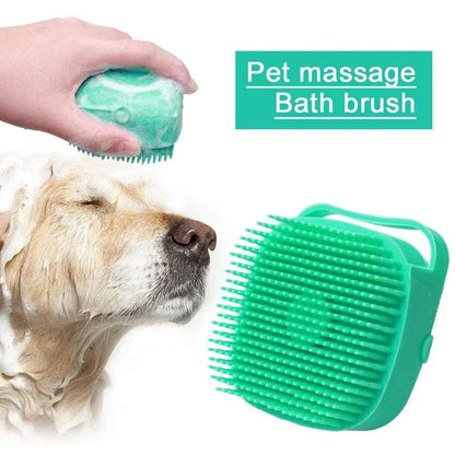 Dog Bath Brush with silicone bristles and ergonomic handle massages and cleans pet coats.