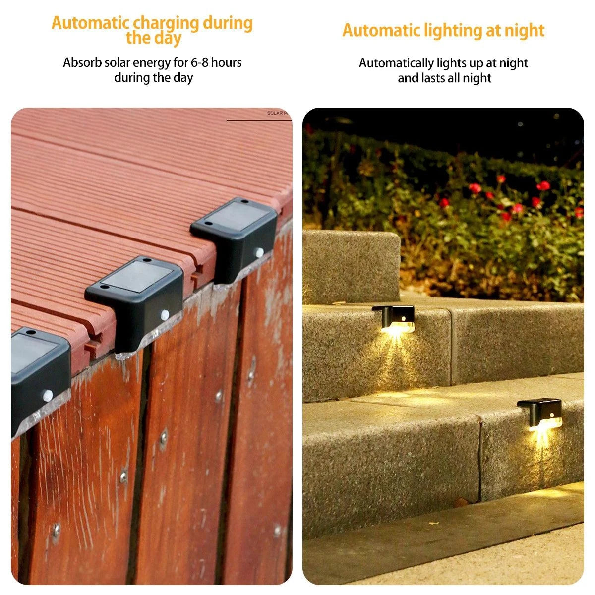 Garden Solar LED Lights illuminating outdoor steps with warm light at night, showcasing weatherproof design and automatic charging efficiency.