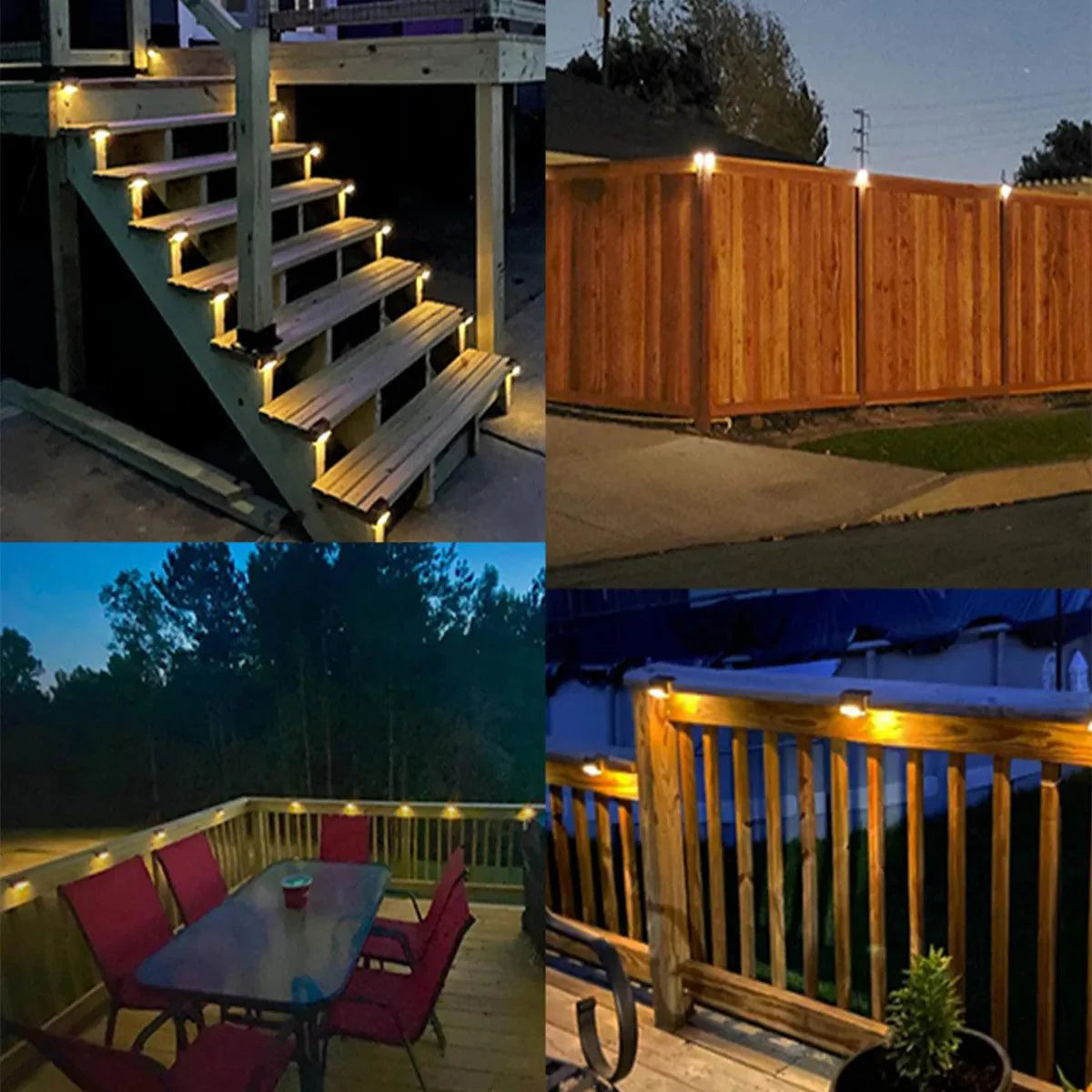 Garden Solar LED Lights illuminating outdoor spaces, including stairs, fences, patio, and railing.