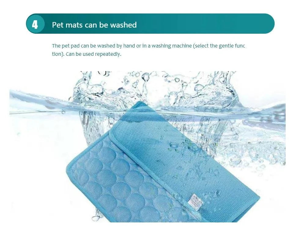 Summer Pet Cold Bed, washable cooling mat for dogs, blue color.