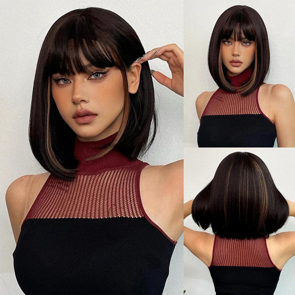 White Blonde Gray Synthetic Wigs with Bangs Short Straight Bob Hair Wig for Women Cosplay Daily Natural Hair Heat Resistant - Luminessbty