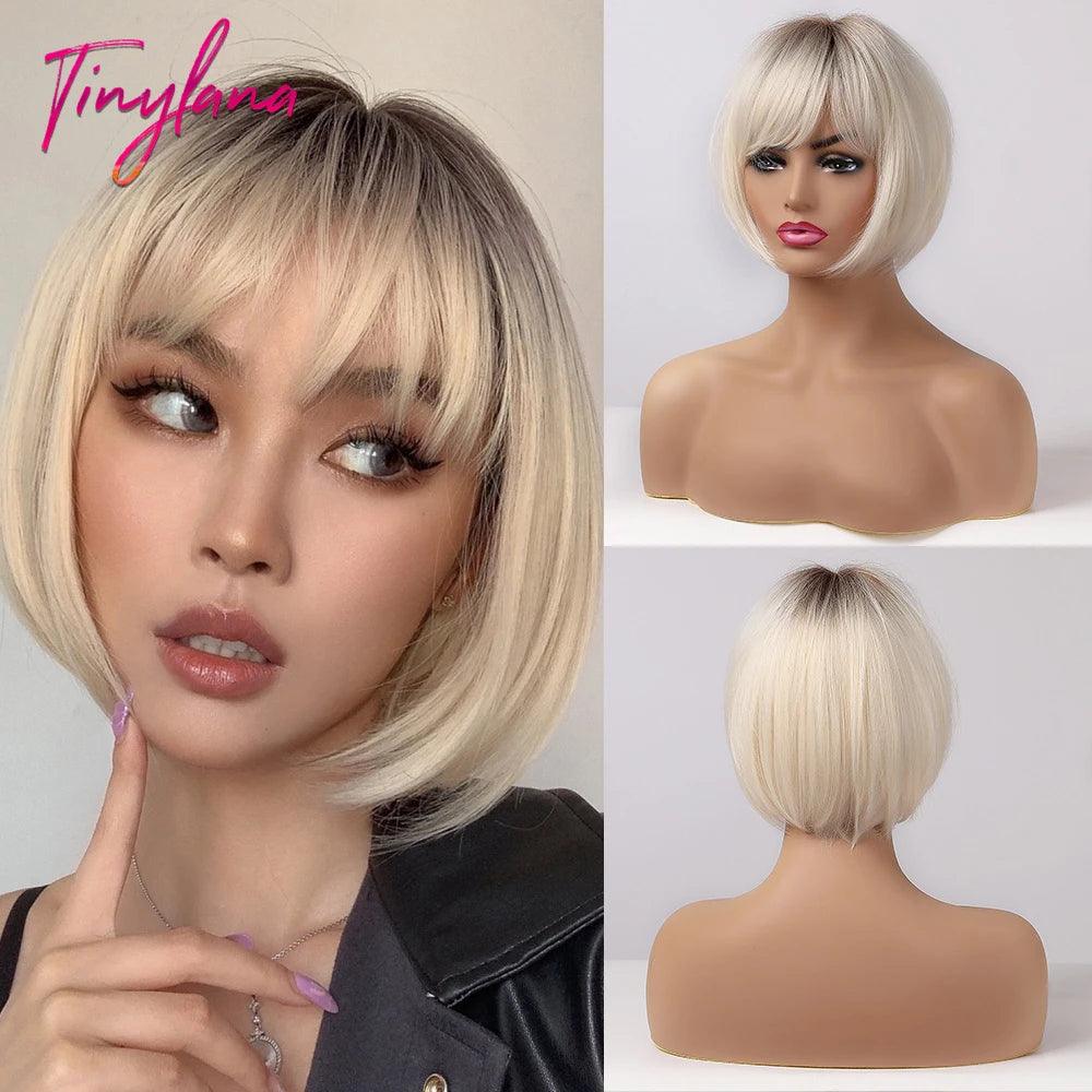 White Blonde Gray Synthetic Wigs with Bangs Short Straight Bob Hair Wig for Women Cosplay Daily Natural Hair Heat Resistant - Luminessbty