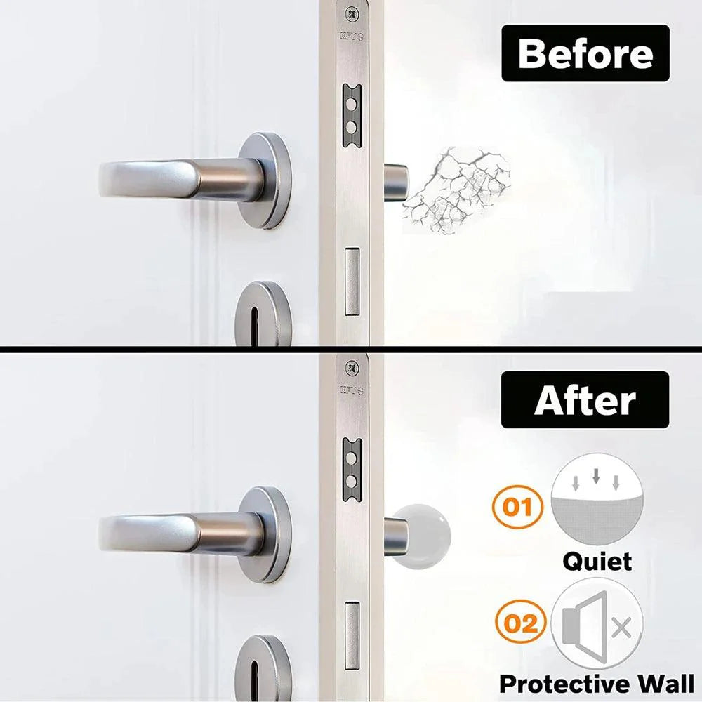 Round transparent soft silicone non-slip door stopper preventing door damage with before and after comparison.