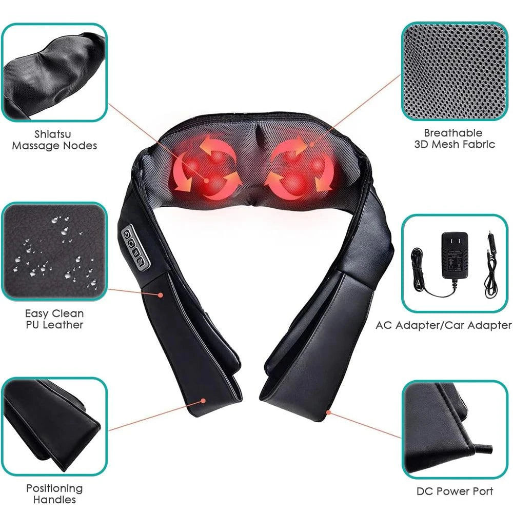 Shiatsu neck and back massager with ergonomic U-shape, deep-kneading nodes, heat therapy, and adjustable intensity levels.