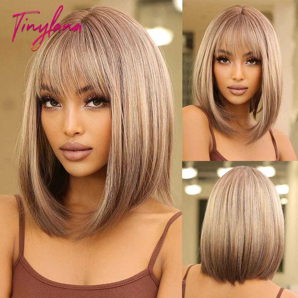 White Blonde Gray Synthetic Wigs with Bangs Short Straight Bob Hair Wig for Women Cosplay Daily Natural Hair Heat Resistant - Luminessbty