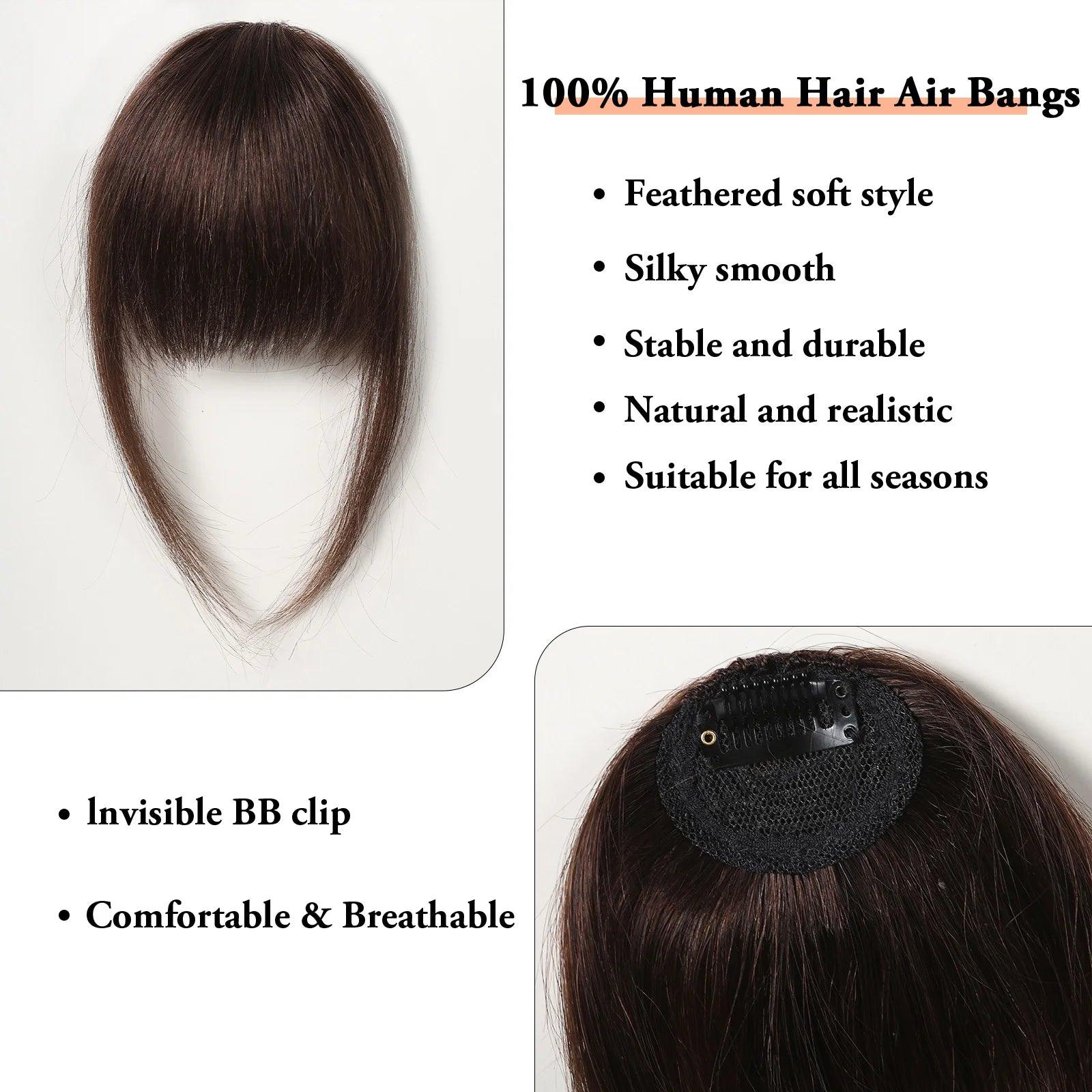 Natural Brown Wispy Clip-In Bangs – 100% Human Hair Bangs with Temples | Easy Clip-On Style for a Flawless Look - Luminessbty