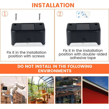 Installation guide for Garden Solar LED Lights showing two methods: screw-in and adhesive tape.