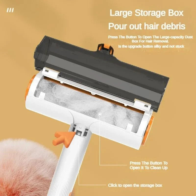 Pet Hair Remover Roller with self-cleaning base and large storage box.