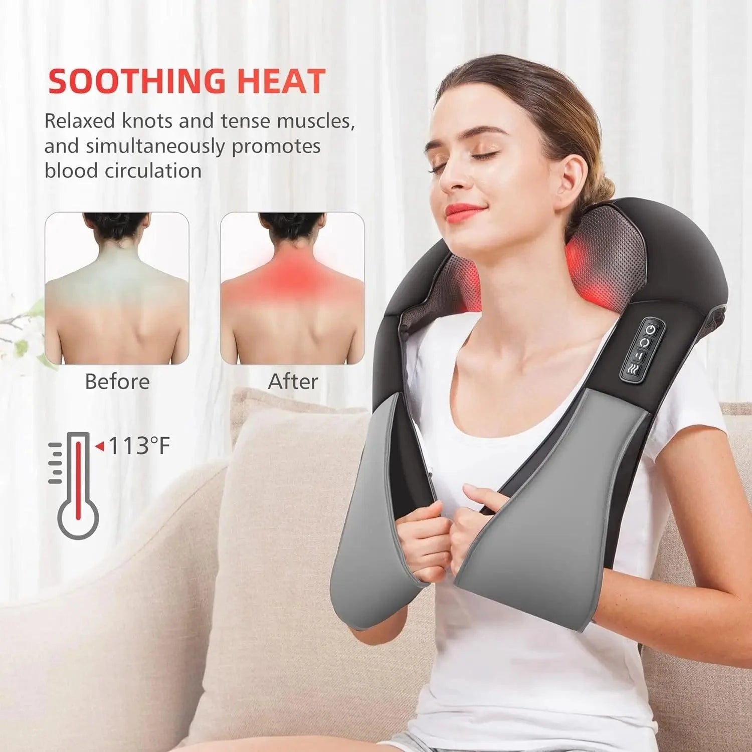 Shiatsu Neck And Back Massager with heat therapy in use for soothing muscle relief on neck and shoulders.