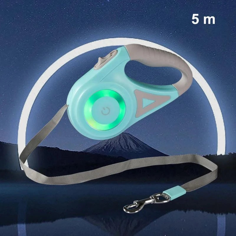 Automatic retractable dog leash with LED light, featuring ergonomic handle and durable design, suitable for all dog sizes, 5m length.