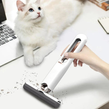 Self-squeezing floor washing mop cleaning a desk near a white cat.