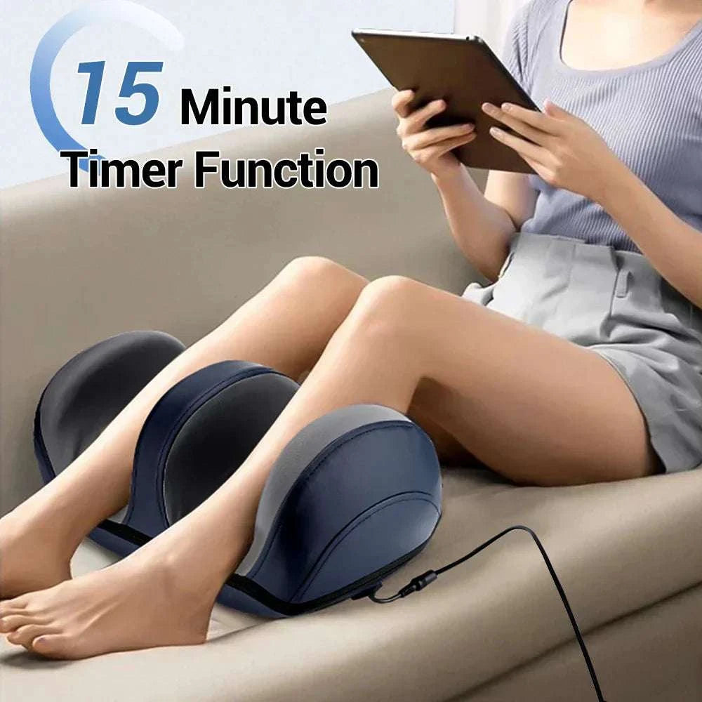 Electric Calf &amp; Foot Massager with heat, remote control, and 15-minute timer function in use.