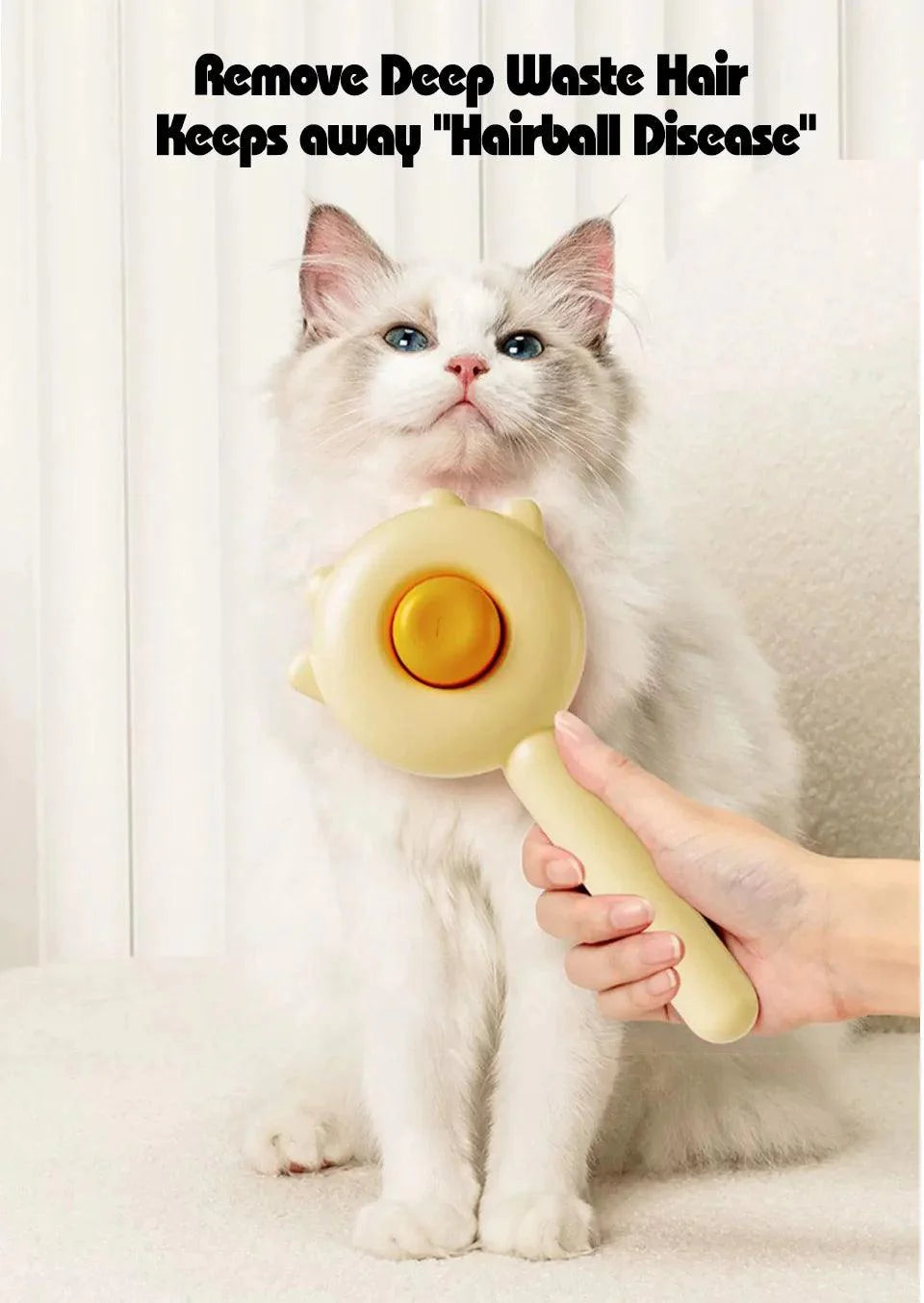 Pet Hair Removal Cleaning Brush in use on a fluffy white cat to remove deep waste hair and prevent hairball issues.