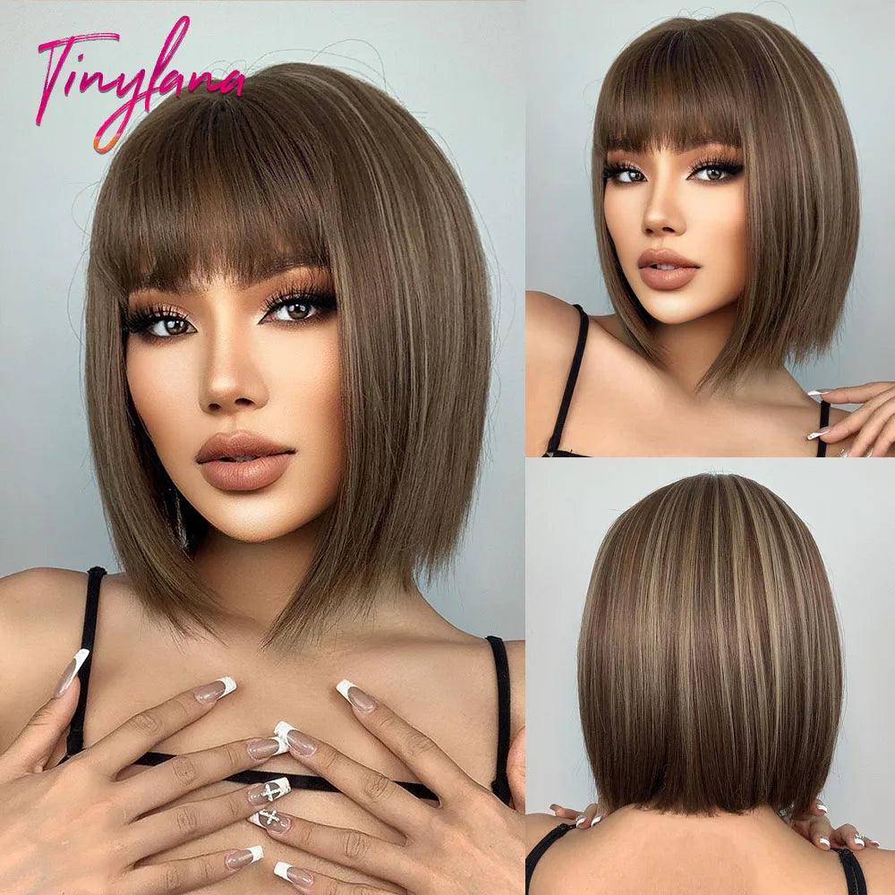 White Blonde Gray Synthetic Wigs with Bangs Short Straight Bob Hair Wig for Women Cosplay Daily Natural Hair Heat Resistant - Luminessbty