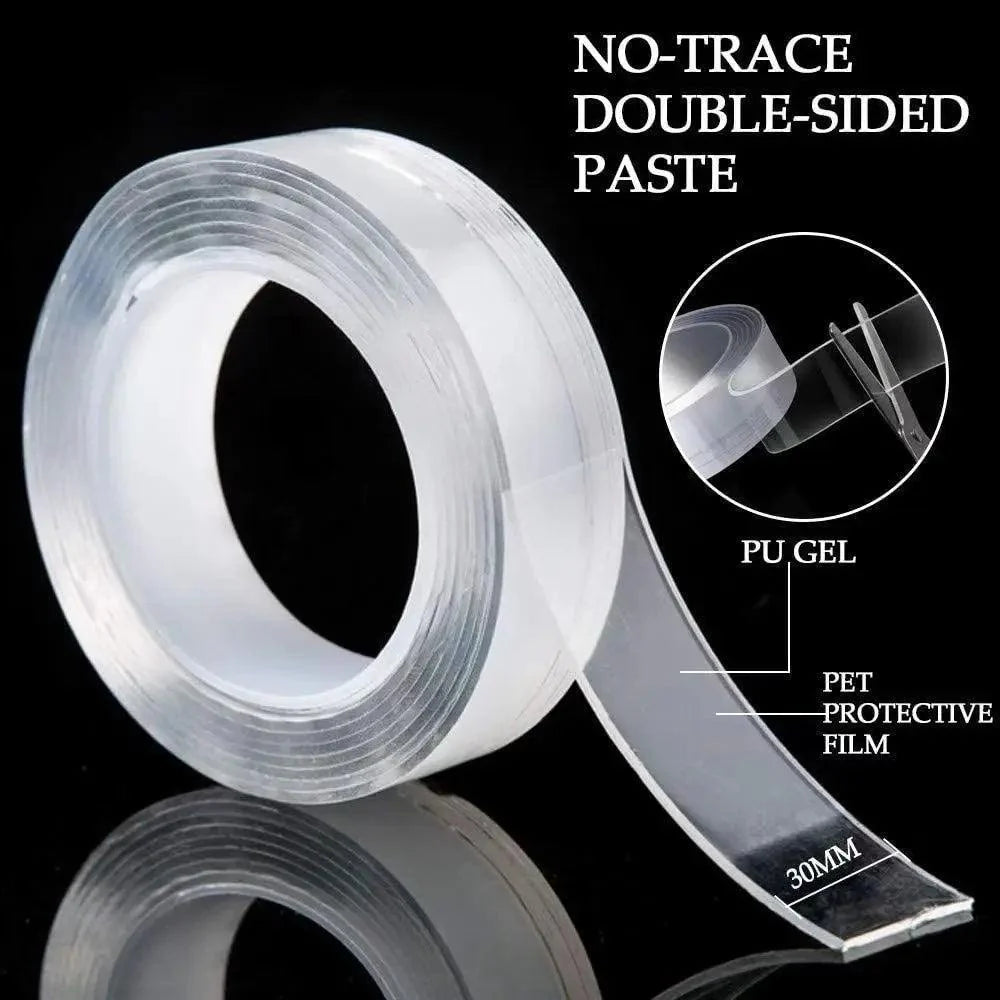 Double-sided adhesive tape with washable and reusable features, strong adhesion, and high transparency for versatile applications.