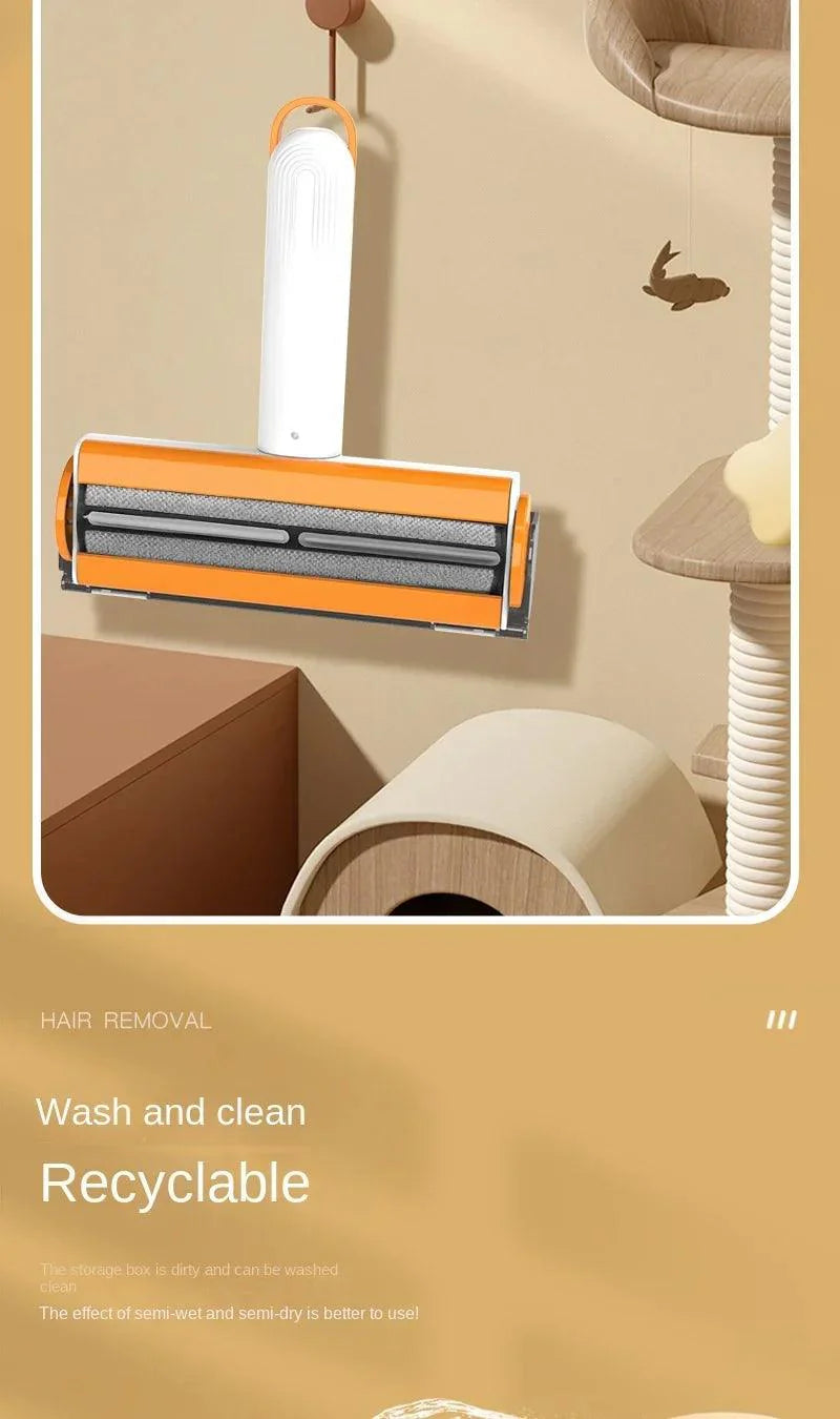 Pet Hair Remover Roller hanging on wall, easy to use and recyclable, with self-cleaning base.