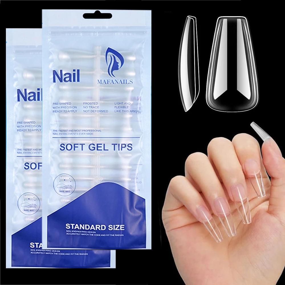 120pcs Clear Coffin Press-On Nails – Long Ballerina Style False Nail Tips with Case | Acrylic Full Cover Nail Set - Luminessbty