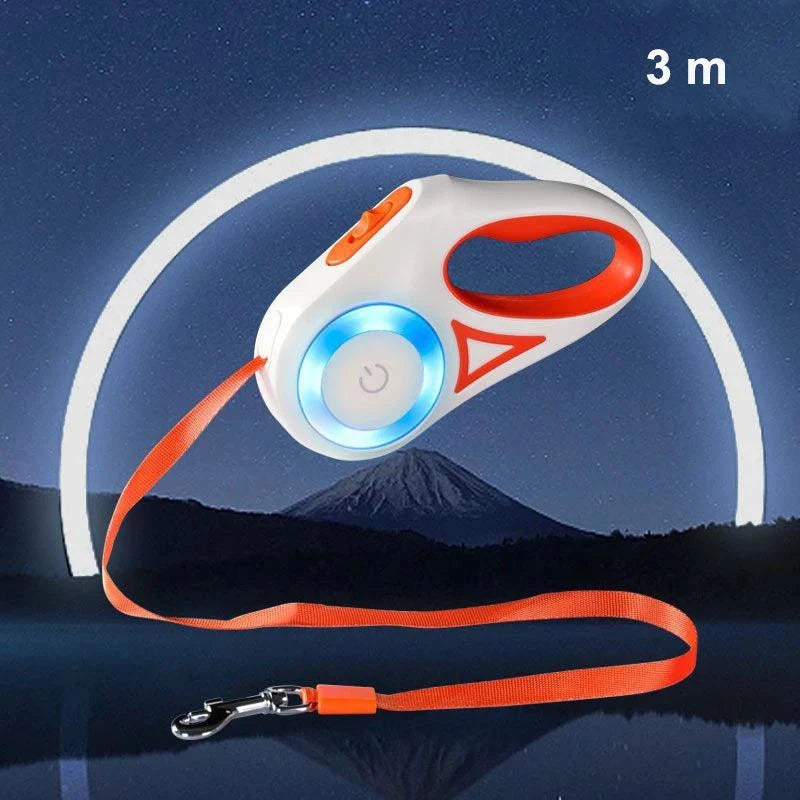 Automatic retractable dog leash with LED light, ergonomic handle, and 16-foot nylon tape for safe walks.