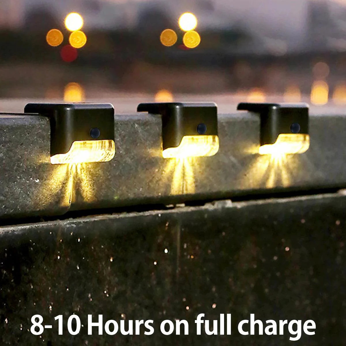 Garden Solar LED Lights illuminating a stone surface, showcasing durable and weatherproof design with 8-10 hours of full charge.