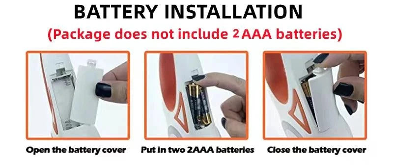 Battery installation for Automatic Retractable Dog Leash LED; showing steps to add 2 AAA batteries.