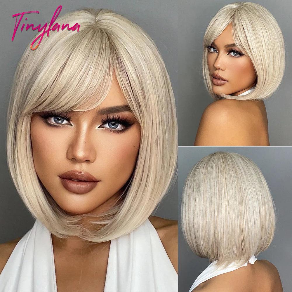 White Blonde Gray Synthetic Wigs with Bangs Short Straight Bob Hair Wig for Women Cosplay Daily Natural Hair Heat Resistant - Luminessbty