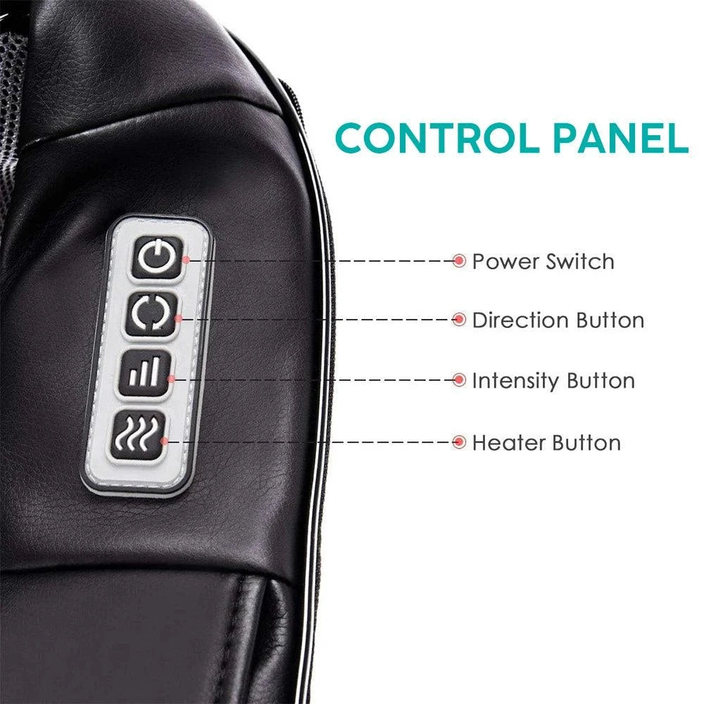 Control panel of Shiatsu Neck and Back Massager with power, direction, intensity, and heater buttons.