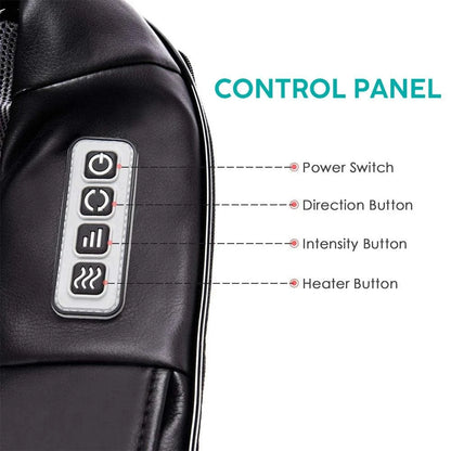 Control panel of Shiatsu Neck and Back Massager with power, direction, intensity, and heater buttons.