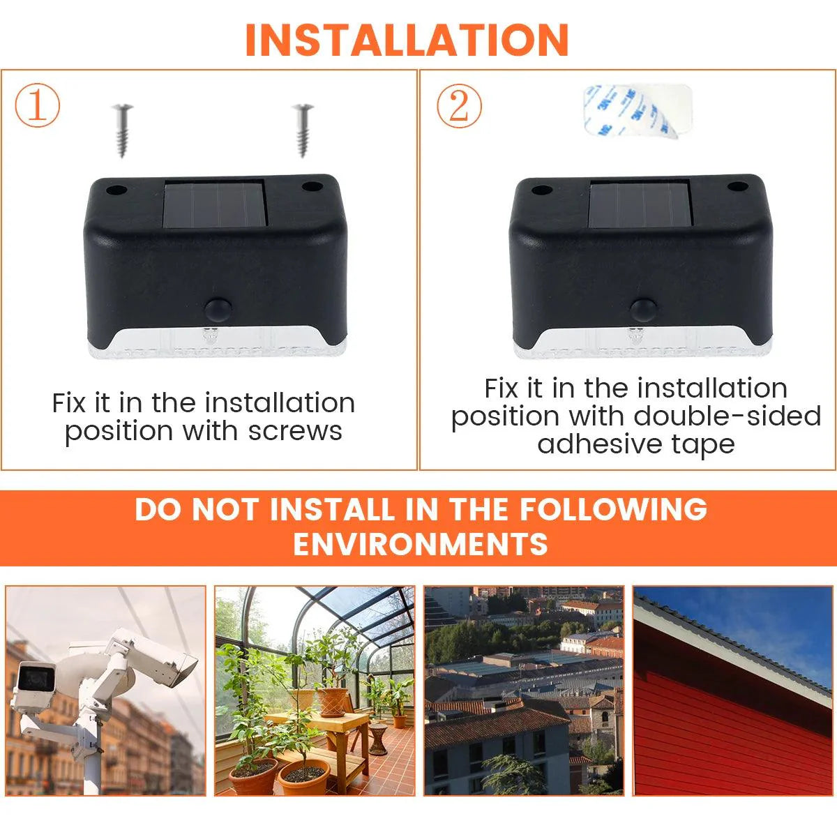 Installation guide for Garden Solar LED Lights showing screw and adhesive tape methods, with environments to avoid.