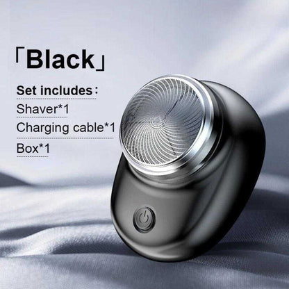 Black compact mini portable electric shaver with charging cable and box set.