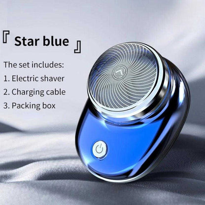 Blue mini portable electric shaver set with charging cable and packing box.