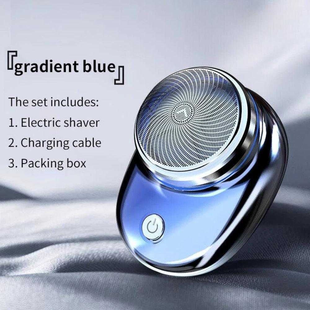 Gradient blue mini portable electric shaver with charging cable and packing box set.