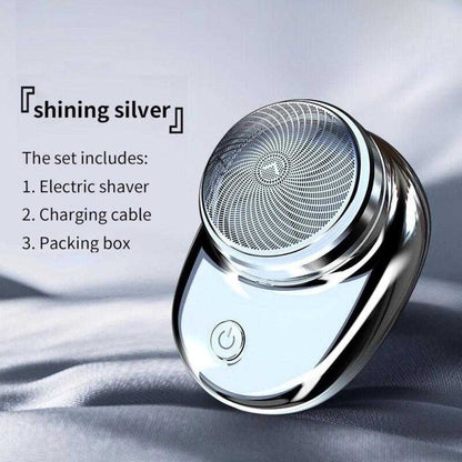 Compact and portable mini portable electric shaver in shining silver finish with charging cable and packing box included.