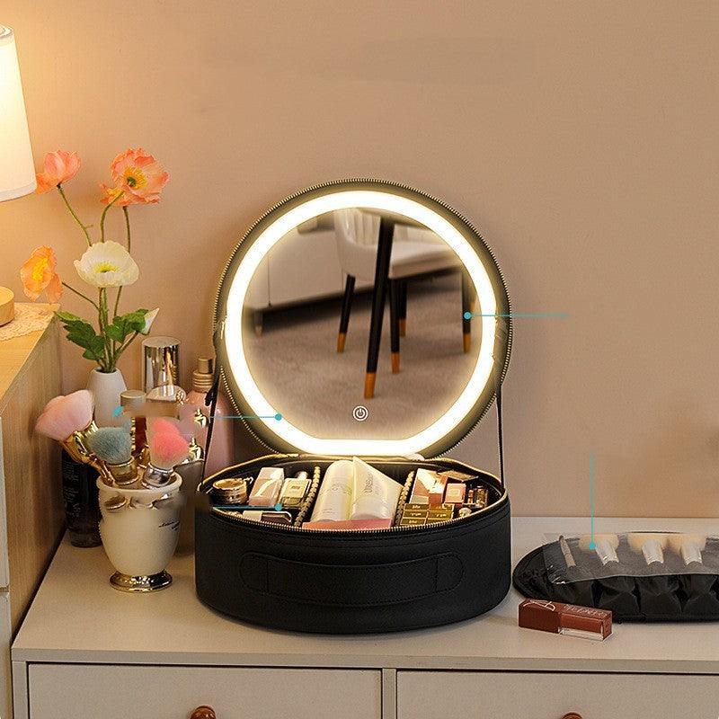 Round Smart LED Makeup Bag with Mirror Lights – Portable Cosmetic Case - Luminessbty